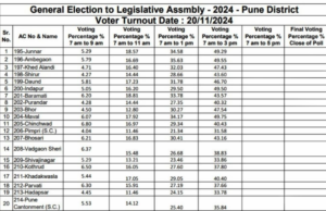राज्यभर विधानसभा निवडणुकीत ३ वाजेपर्यंत ४५.५३% मतदान; पुणे जिल्ह्यात ४१.७०% मतदान.