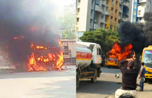 पुण्यातील खराडीत शाळेच्या बसला भीषण आग; १५ विद्यार्थ्यांचे थोडक्यात प्राण वाचले.